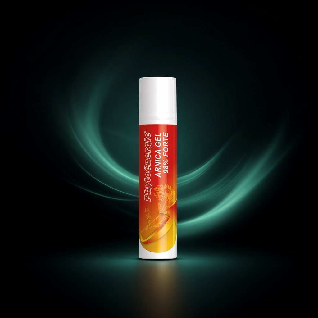 Tubo Phytoénergie Arnica 98% Gel Forte su sfondo scuro con effetto luminoso