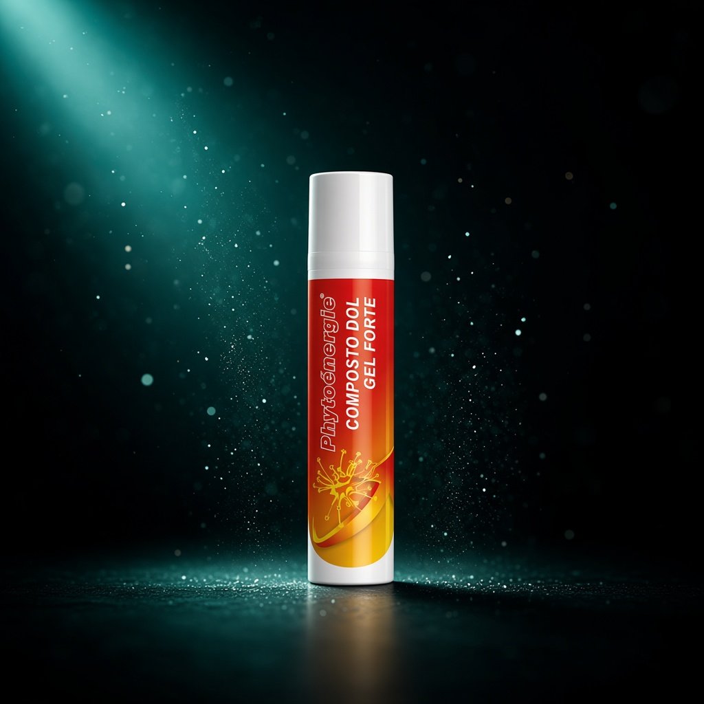 Tubo Phytoénergie Dol Gel Forte, Artiglio del Diavolo 30%, su sfondo scuro con particelle luminose