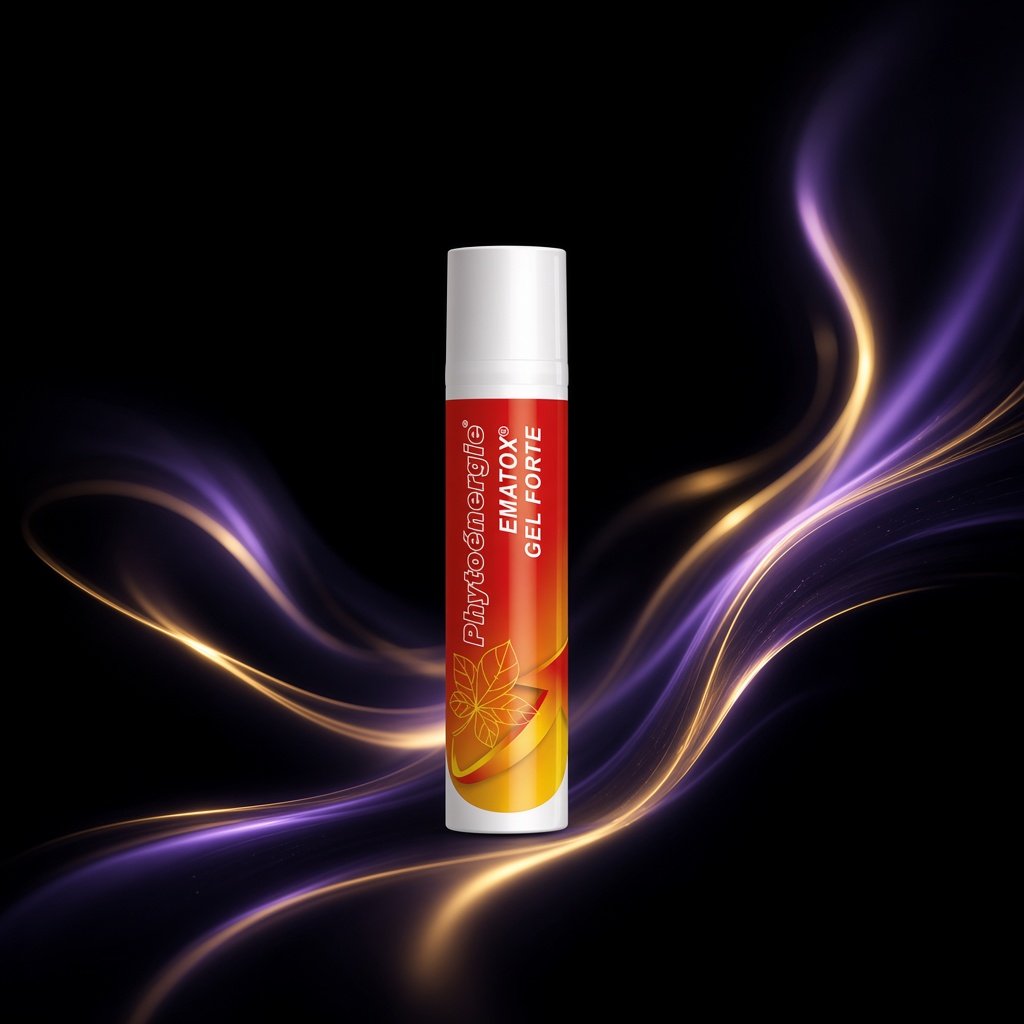 Tubo Phytoénergie Ematox Gel Forte su sfondo scuro con scie di luce viola e oro