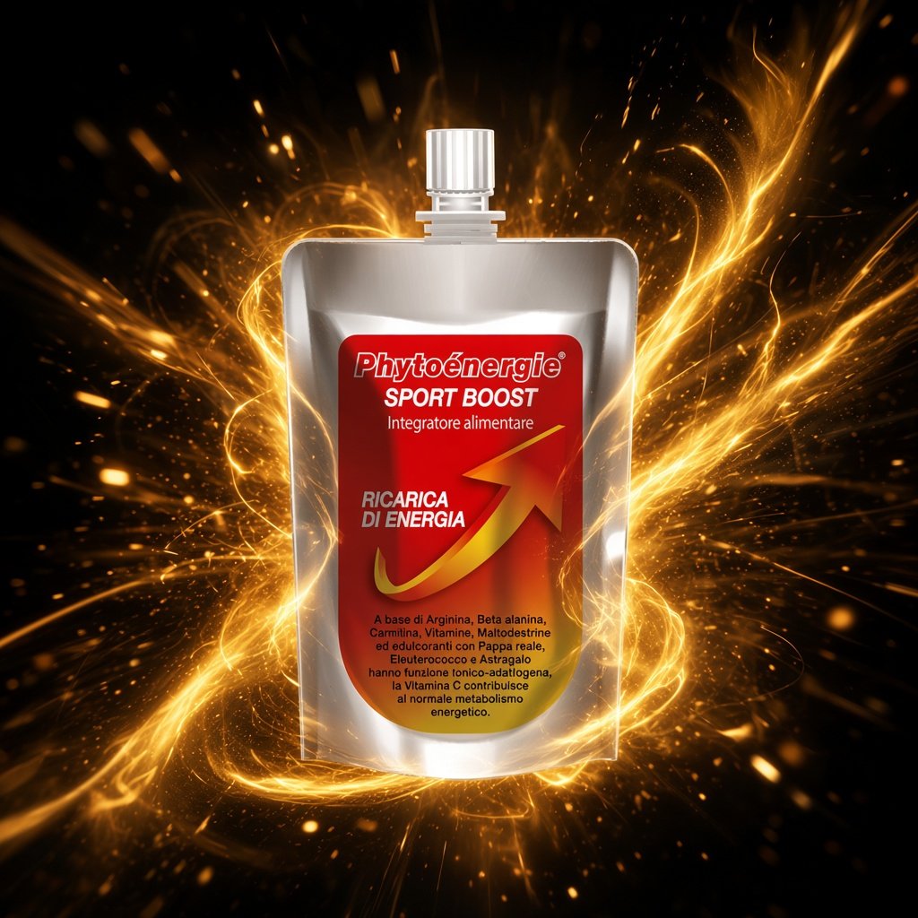 Busta Phytoénergie SPORT BOOST su sfondo scuro con esplosione di energia dorata